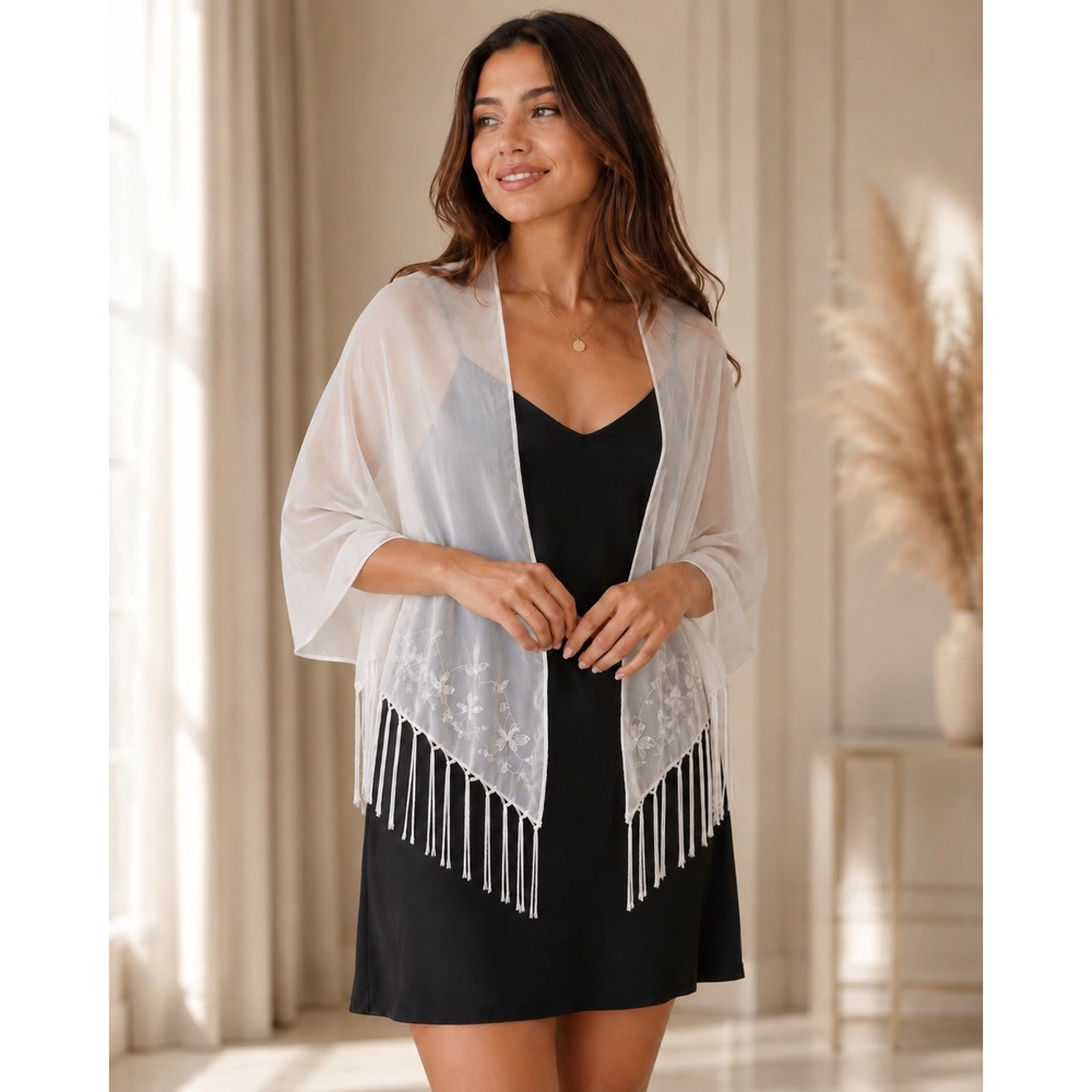 Deb White Sheer Beaded Sequin Fringe Triangle Shawl Scarf Bridal Boho NWT OS